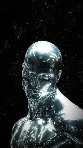 Close portrait of the Silver Surfer against black space